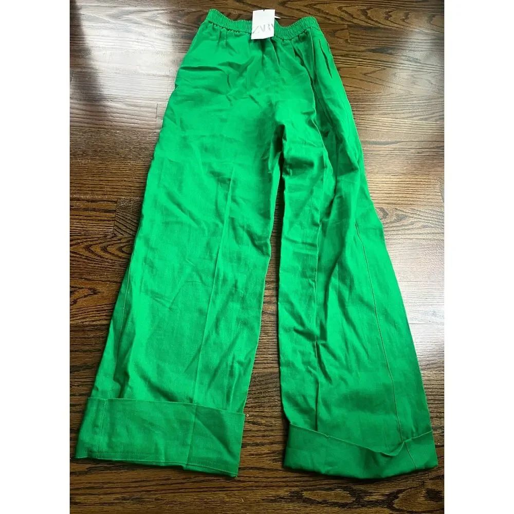 Zara women’s wide leg linen blend pants Sz. XS bold green NWT
